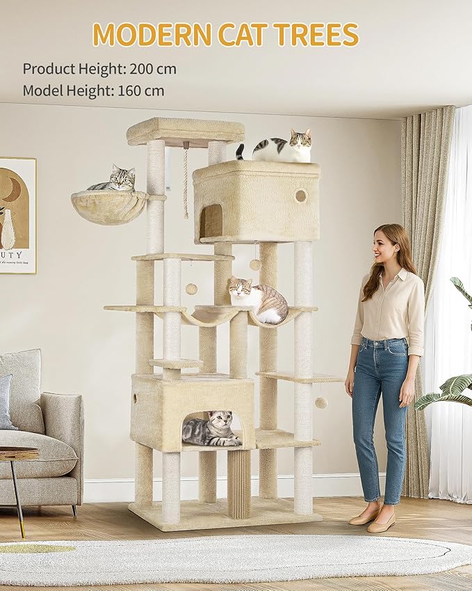 Cat Tree, 78.7" XXL Cat Tree with 10 Scratching Posts, 2 Caves, 2 Hammocks, Large Platform, Cat Brushes, Basket, Heavy Duty Cat Tree for Maine Coons, Large Cats, Beige MS20018YL