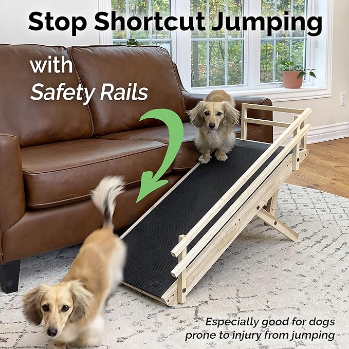 DoggoRamps Dog Ramp for Couch with Safety Rails - Adjustable from 14" to 21" with Anti-Slip PAWGRIP & Convenient Platform Top - for Small Dogs up to 150lbs - Made of Solid Hardwood in North America
