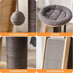 Modern Cat Tree Small Tower with Scratching Post for Indoor, Solid Wood Multifunctional Corner Cat Tree Tower with Bed, Dangling Ball,Interactive Rope, Scratching Board