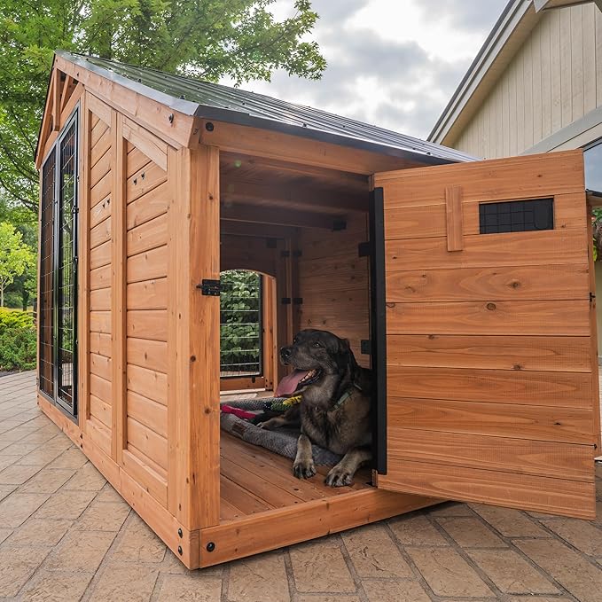 Backyard Discovery 7' x 5' Waggin' Retreat Cedar Wood Large Dog Kennel with Galvanized Steel Roof, Feeding Door, Doghouse Back Door, Water and Food Tray, Secure Lock Gate for Safe Outdoor Pet Shelter