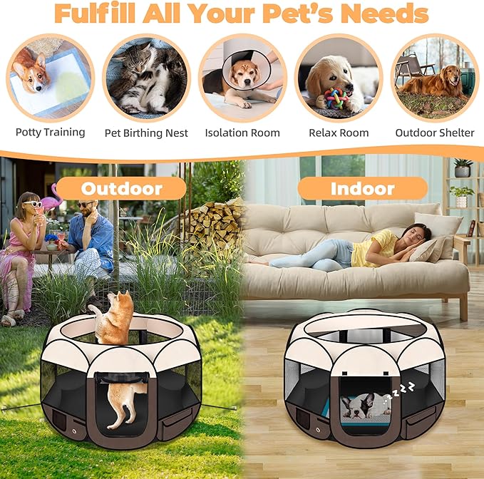 Dog Playpen 36", HOMAGICO Pet Playpen for Indoor Cats Enclosed, Portable Dog Cage Outdoor Tent Crate with Carrying Case,Water-Resistant and Removable Shade Cover,Brown