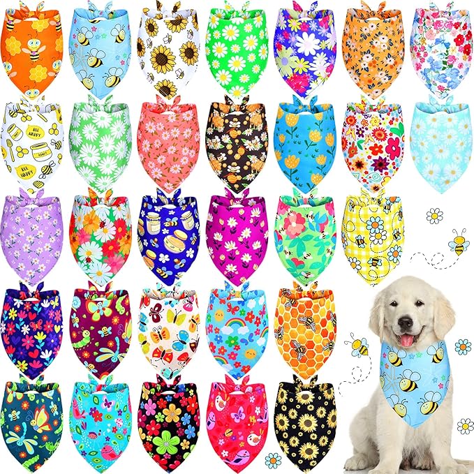Eccliy 30 Pack Spring Dog Bandanas Bulk Flower Dog Scarfs Summer Head Wrap Soft Triangle Polyester Bandana Pet Costume Cute Bibs with Flowers Patterns for Female Male Small Medium Large