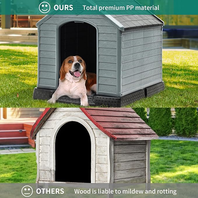 YITAHOME Plastic Dog House, Waterproof Indoor Outdoor Doghouse for Large or Small Dog, with Air Vents and Elevated Floor, Easy Assemble and Clean