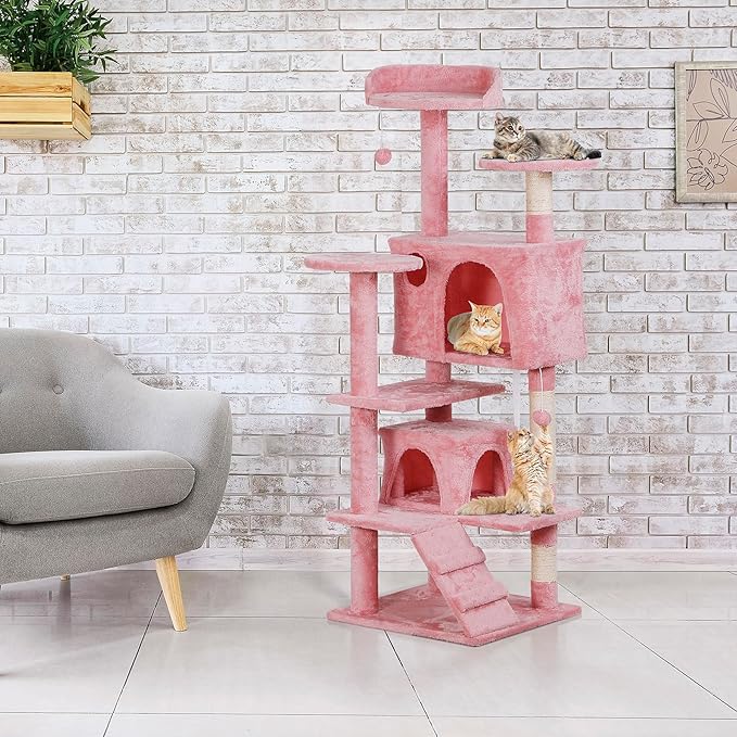 54in Cat Tree for Indoor Cats Multi-Level Condo Tower Bed Furniture Kitten Play House with Scratching Posts, Pink