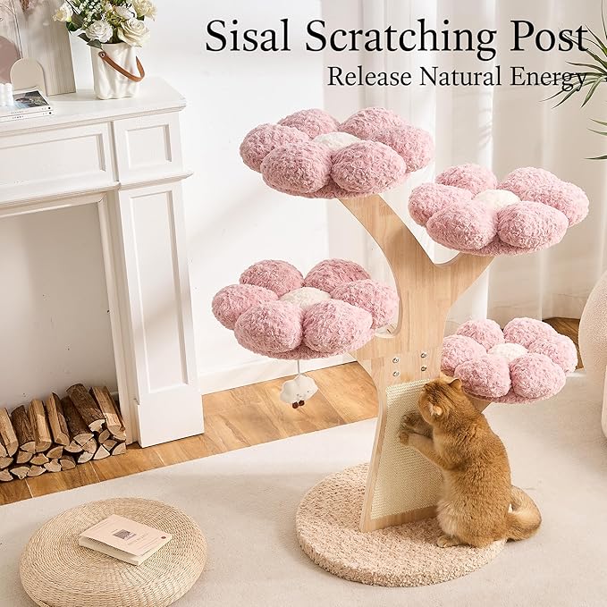797Audio Flower Cat Tree, 48" Wood Branch Cat Tower, Pink Cloud Cat Tree with Scratching Post for Indoor Adult Cats, Luxury Cat Tree with Cozy Perches & Interactive Squeaky Hanging Toy