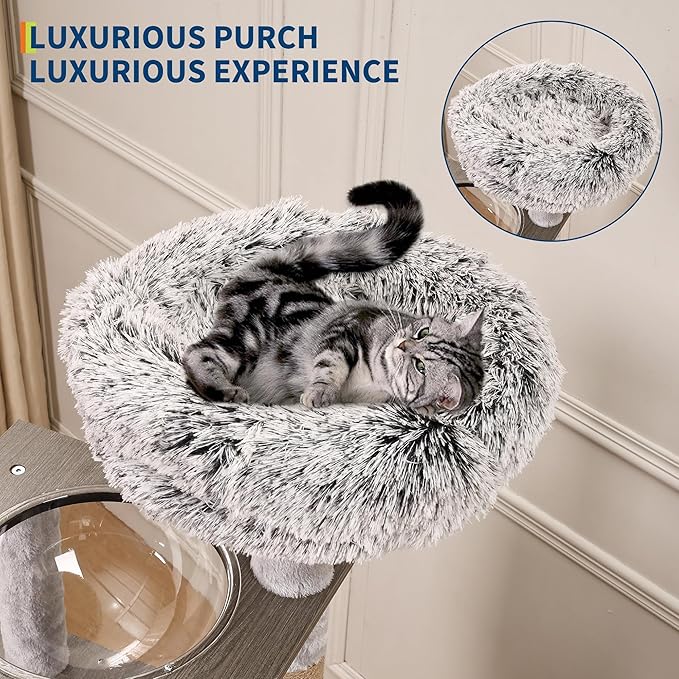 66.9" Cat Tree with Litter Box Enclosure, Modern Wood Tower with Hammock and Washable Cushions, Multi-Level Large Kitten Furniture Cabinet, Grey