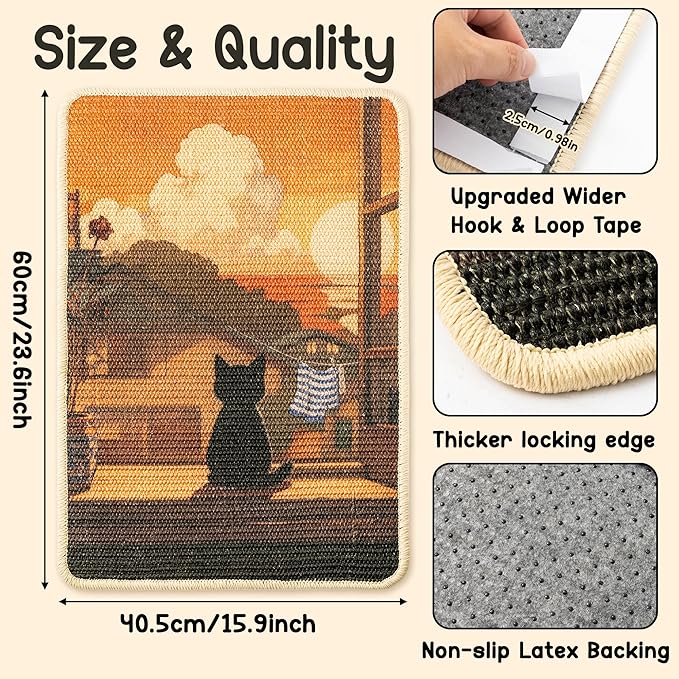 Sisal Cat Scratching Pad - Shedding-Resistant Wall Scratcher Mat for Indoor Cat, Kitten Art Print Sunset Scratching Mats for Carpet Couch Furniture with Adhesive Hook Loop Tape(24 * 16in)
