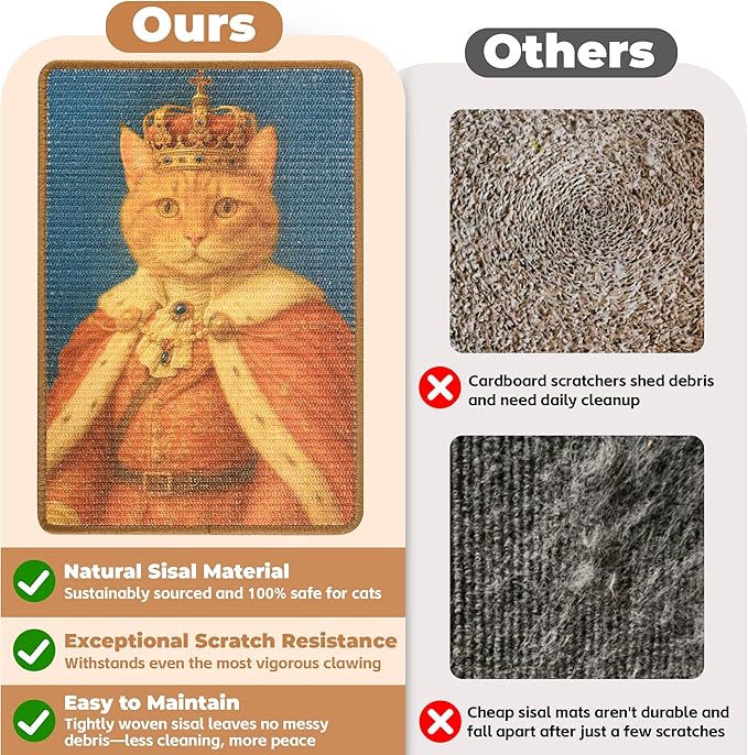 Sisal Cat Scratcher Mat, Cat Wall Scratcher for Indoor Cats, 23.6x15.7 Inch Cat Scratch Pad with Hook & Loop, Wall Mounted Cat Scratching Post to Protect Couch and Carpet（Elegant Cat）