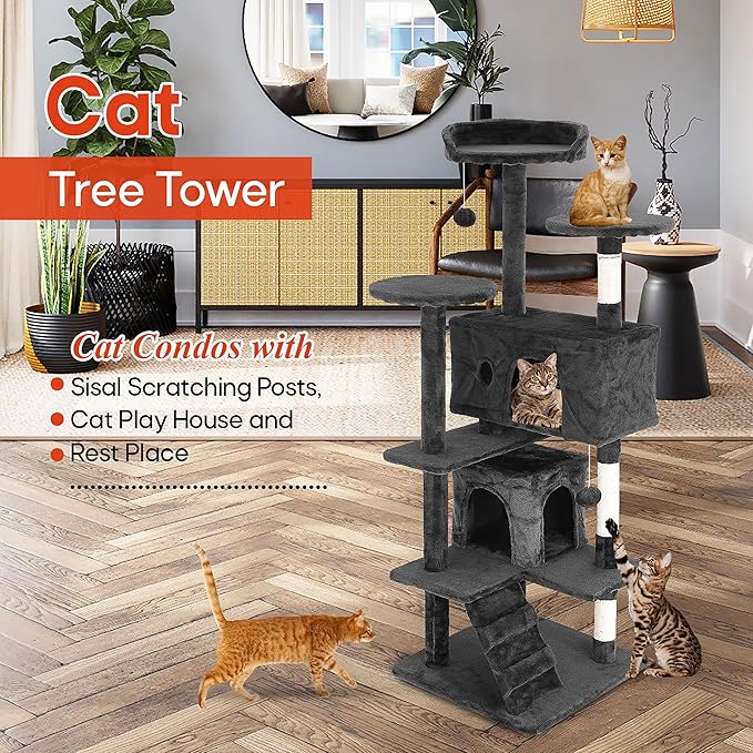 24/7 Shop at Home Court 54 inch Multi-Level Cute Cat Tree Tower with Dangling Ball and Scratching Posts for Indoor Cats Adults, Kitten Supplies, Pet House, Dark Gray