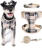 PUPTECK Small Dog Harness and Leash Set, No Pull Adjustable Puppy Cat Harness, Reflective Soft Mesh Pet Vest Small Sized, Beige Plaid, M