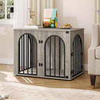 31.5'' Wooden Dog Crate Furniture, Indoor Dog Kennel Dogs Cage for Small/Medium Dogs, Heavy Duty Dog Crates Decorative Pet House End Side Table TV Stand, Greige Black DFC85105B