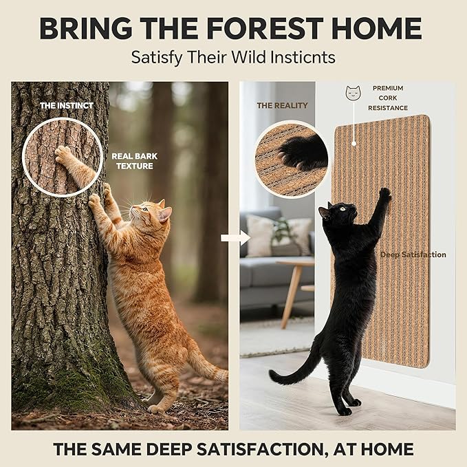 Self-Adhesive Cork Cat Scratcher Mat, 40x12 Inch Cut to Size, Long-Lasting Durable Cat Scratching Pad for Couch, Natural Furniture Protector for Indoor Cats