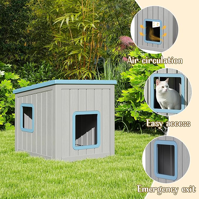 KAMABOKO Outdoor Cat House Weatherproof Insulated for Winter, Durable Shelter for Feral and Outdoor Cats, All-Season Cat House with Removable Roof & Waterproof Base for Patio, Porch, Blue