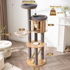 Modern Cat Tree Tower with Scratching Post, 61.5in Tall Cat Tree for Indoor Cats, Multi-Level Solid Wood Cat Furniture with Ladder, Cozy Cat Beds, Cat Condo, Capsule Nest, Dangling Toy, Gray