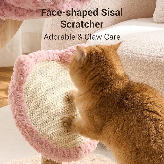 Aesthetic Flower Cat Tree Tower with Scratching Post for Indoor Cats, 37" Modern Cat Tree with Wood Sculpted Branch, Flower Cat Beds, Scratching Board & Interactive Squeaky Toy, Sakura Pink