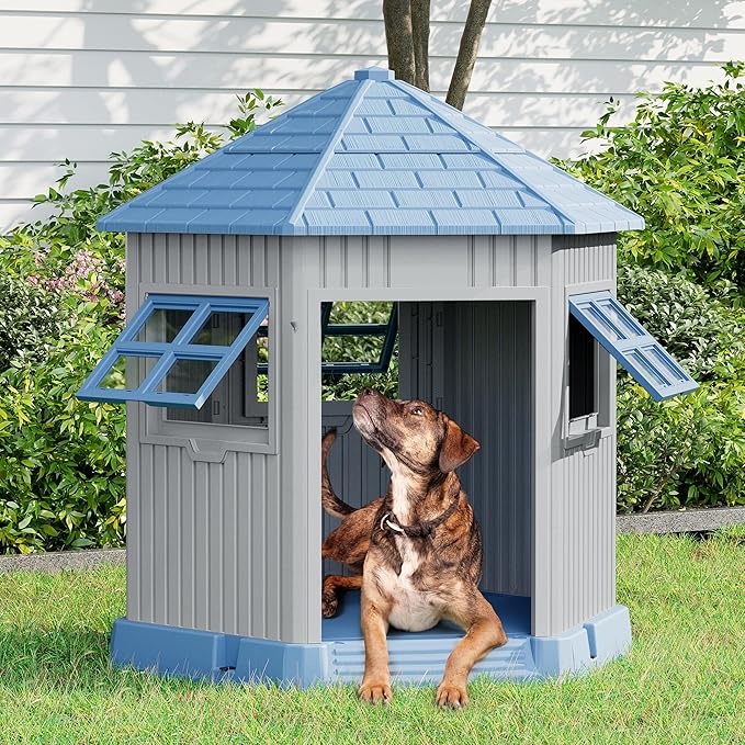 Fancyango Sturdy Dog House Indoor Outdoor for Small Medium Dogs, Weatherproof Puppy Shelter with Elevated Floor & Air Vents, Easy Clean and Assemble (Blue, 36.61" L x 29.5" W x 37.4" H)
