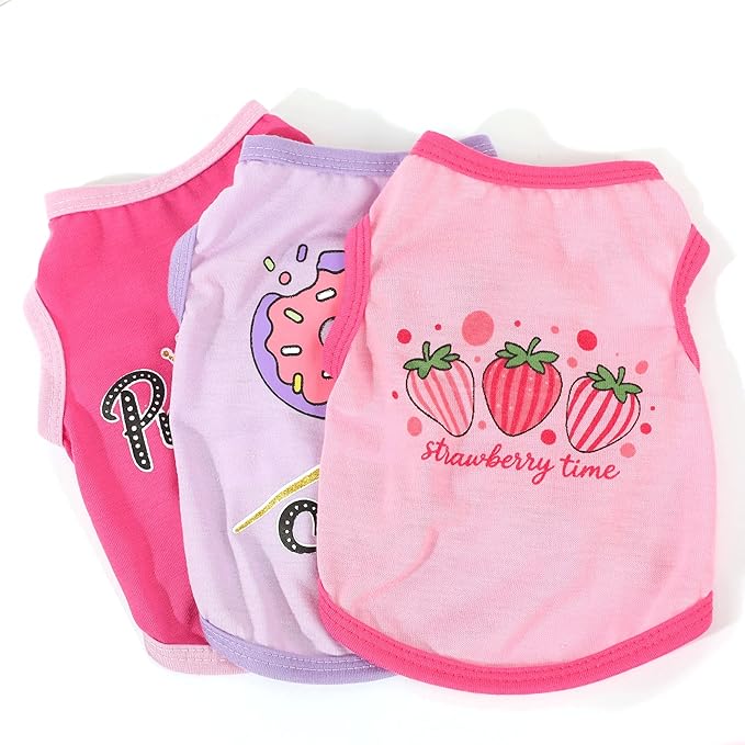 Dog Shirts, 3 Pack Girl Dog Clothes Cute Printed Puppy Clothes Sleeveless Outfits Pet T-Shirts Dog Clothes for Small Dogs Pet Apparel for Summer, Small (Pink,Rose,Purple)