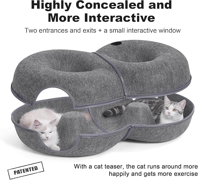 8-Shaped Large Cat Tunnel Bed for Indoor Cats, Infinite Circulation Peekaboo Cat Cave with 12 Toy Balls, Cat Donut Tunnel for Cats up to 30 Pounds (Dark Grey, L 38x24x11in)