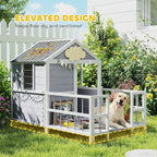PawHut Dog House Outdoor Indoor, 61" x 41" x 47" Wooden Dog Shelter with Porch, Weatherproof Roof, Elevated Floor, Air Vents & Observation Windows, Large Pet Shelter for Small Medium Large Breeds