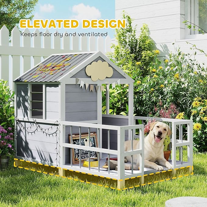 PawHut Dog House Outdoor Indoor, 61" x 41" x 47" Wooden Dog Shelter with Porch, Weatherproof Roof, Elevated Floor, Air Vents & Observation Windows, Large Pet Shelter for Small Medium Large Breeds