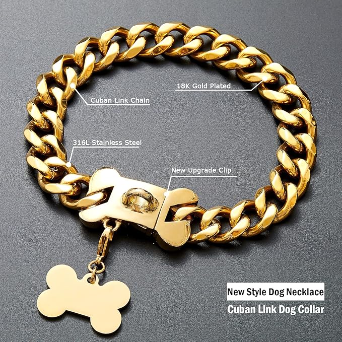Strong Gold Dog Collar,Heavy Duty Chew Proof Thick Cuban Link Chain Fashion Necklace Collar for Medium Dogs(Long 18'',Width 0.75'')
