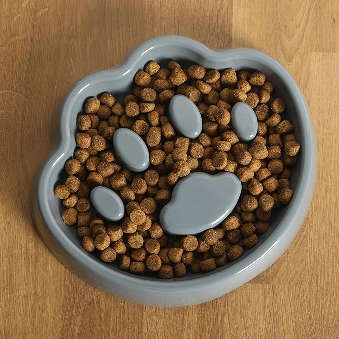 Gibson Home Curious Canines 9” Slow Feeder Dog Bowl, Paw Shaped Melamine Anti-Gulp Pet Bowl, Non-Slip, Dishwasher Safe, Blue