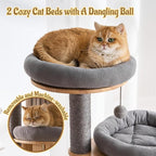 Modern Cat Tree Tower with Scratching Post, 61.5in Tall Cat Tree for Indoor Cats, Multi-Level Solid Wood Cat Furniture with Ladder, Cozy Cat Beds, Cat Condo, Capsule Nest, Dangling Toy, Gray