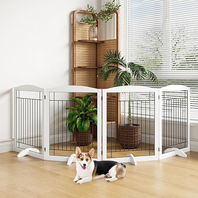 Yaheetech 32-inch Tall Dog Gate Extra Wide Pet Gate for Dogs Indoor Foldable Wire & Wooden Puppy Safety Fence w/2 Support Feet,Freestanding Dog Gate for The House, Doorway, Stairs(White,4 Panels)