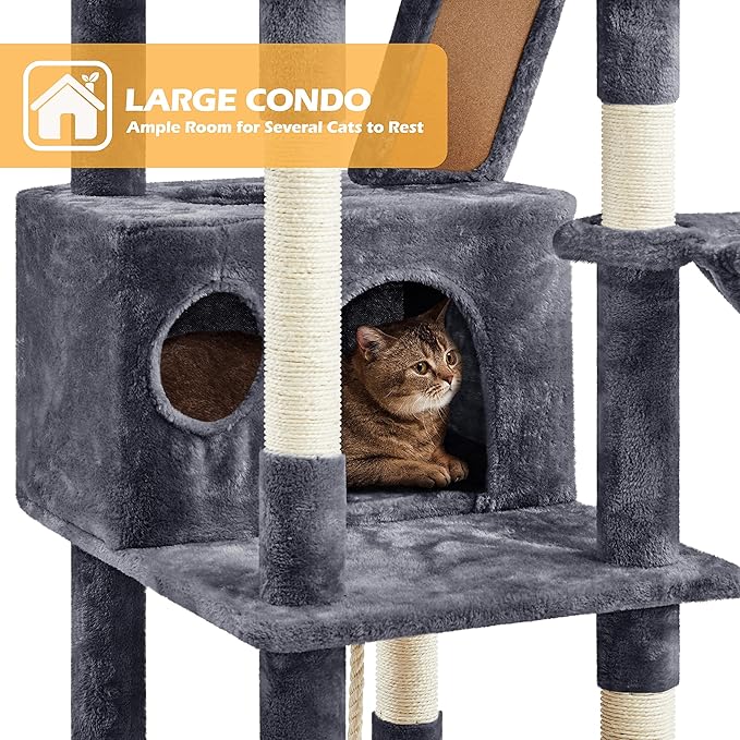Topeakmart Cat Tree, 82.5in Climbing Tower with 2 Kitten-Ear-Style Top Perches, Hammock, Basket, Scratching Posts, Multilevel Pet Furniture Activity Center for Indoor Felines, Dark Gray