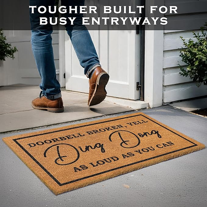 MAINEVENT Ding Dong Doorbell Door Mat 30x17 Inch, Doorbell Broken Welcome Mat for Covered Outdoor Area, Door Bell Broken Yell Ding Dong Doormat, Coir Welcome Rug Funny