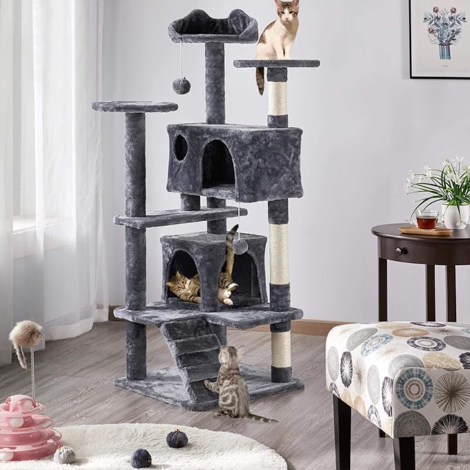 Topeakmart 54in Cat Tree, Cat Tower w/Large Cat Condo Scratching Posts and Perch, Cat Stand House Furniture, Dark Gray