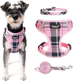 PUPTECK Small Dog Harness and Leash Set, No Pull Adjustable Puppy Cat Harness, Reflective Soft Mesh Pet Vest Small Sized, Pink Plaid, XS
