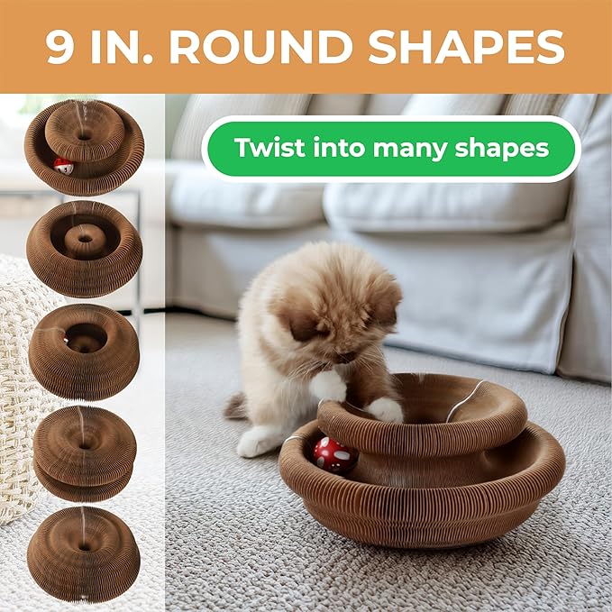 2X Magic Organ Cat Scratcher Board Toy with Bell Ball and Catnip - Longer, Stretchier Accordion Cardboard Scratching Pad with 4 Strong Magnets - Interactive Fun and Enrichment for Indoor Cats
