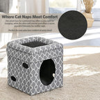 MidWest Homes for Pets Feline Nuvo Curious Cat Cube, Foldable Cat Hideout with Toy, Bolstered Bed Top, Gray Geo Print, Faux Fur