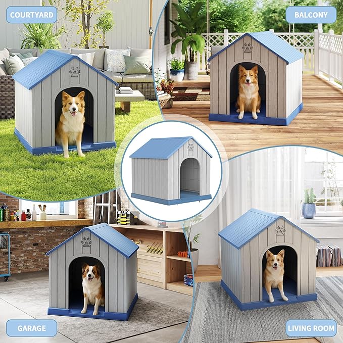 Large Dog House Outdoor Weatherproof，Waterproof Resin Outside Dog House with Elevated Floor and Air Vents, Durable Doghouse for Samll Medium Large Dogs (Light Blue, 38.62"L×36.26"W×38.07"H)