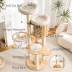797Audio Wood Modern Cat Tree, 61.5" Cat Tower with Sisal Scratching Posts, Cat Condo, Capsule,Hamnock and Spinner Toy, Solid Wooden Aesthetic Multi-Level Cat Climbing Tree for Adult Indoor Cats-White