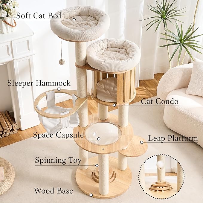 797Audio Wood Modern Cat Tree, 61.5" Cat Tower with Sisal Scratching Posts, Cat Condo, Capsule,Hamnock and Spinner Toy, Solid Wooden Aesthetic Multi-Level Cat Climbing Tree for Adult Indoor Cats-White