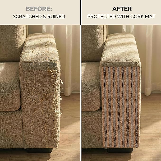 Self-Adhesive Cork Cat Scratcher Mat, 40x12 Inch Cut to Size, Long-Lasting Durable Cat Scratching Pad for Couch, Natural Furniture Protector for Indoor Cats