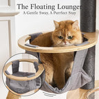 797Audio Wood Modern Cat Tree, 61.5" Cat Tower with Sisal Scratching Posts, Cat Condo, Capsule, Hamnock and Spinner Toy,Solid Wooden Aesthetic Multi-Level Cat Climbing Tree for Adult Indoor Cats-Gray