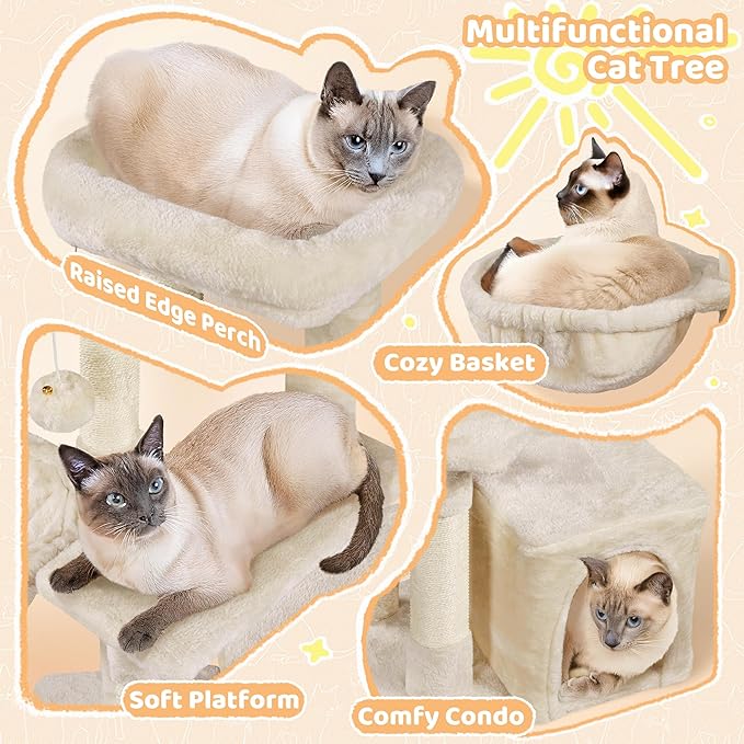 Yaheetech Cat Tree, Multi Level Climbing Tower for Indoor Cats, Pet Activity Center Scratching Post Indoor Furniture Bed with Basket for Kittens, Beige