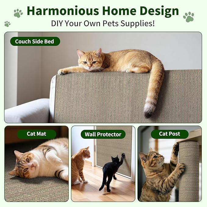 Natural Cork Cat Scratcher Mat, Self-Stick & Trimmable Furniture Protector for Couch, Door, Wall & Bed Corner, Claw-Friendly for Indoor Cats (Catnip Green, 39.4 x 11.8 Inch)