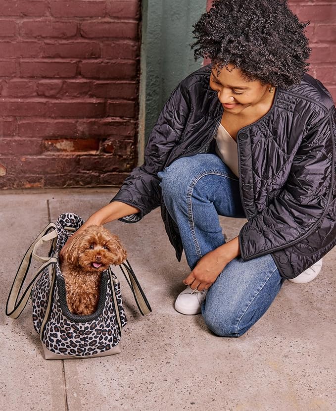 Cleverpup Transit Tote Dog Carrier for Small Dogs up to 8 lbs, 16x11x8 Soft-Sided 4-Pc Set with Waterproof Base, Plush Insert, Food Pouch, Mesh Head Opening - Small, Leopard