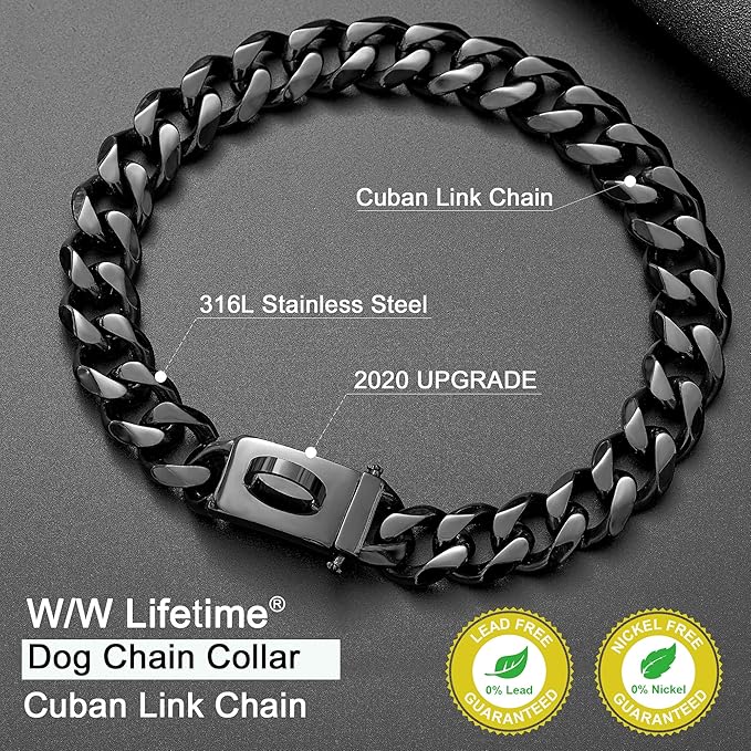Dog Chain Collar Walking Collar with Design Secure Buckle 19MM Black Cuban Link Strong Heavy Duty Chew Proof Chain(19MM, 10")