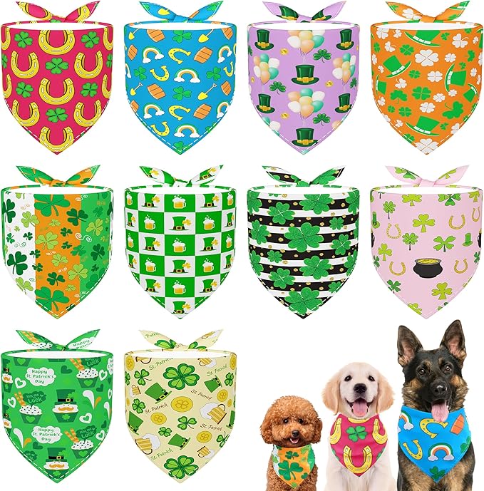 10PCS St.Patricks Day Dog Bandanas for Large XL Breed DogsTriangle Bibs Scarves Boys and Girls Grooming Accessories
