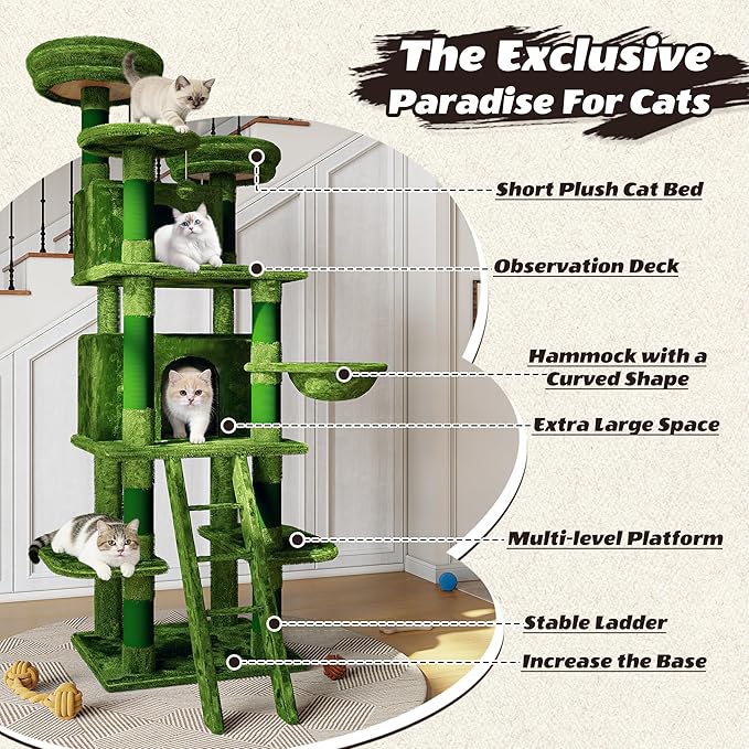 70.87" Cat Tree for Indoor Cats, Multi-Level Cat Tower with 2 Private Condos, 3 Perches & Hanging Hammock, Natural Sisal Scratching Posts, Stable for Multi-Cat Families, Kittens to Seniors (Green)