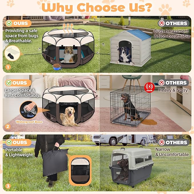 Dog Playpen 45", HOMAGICO Pet Playpen for Indoor Cats Enclosed, Portable Dog Cage Outdoor Tent Crate with Carrying Case, Water-Resistant and Removable Shade Cover,Brown