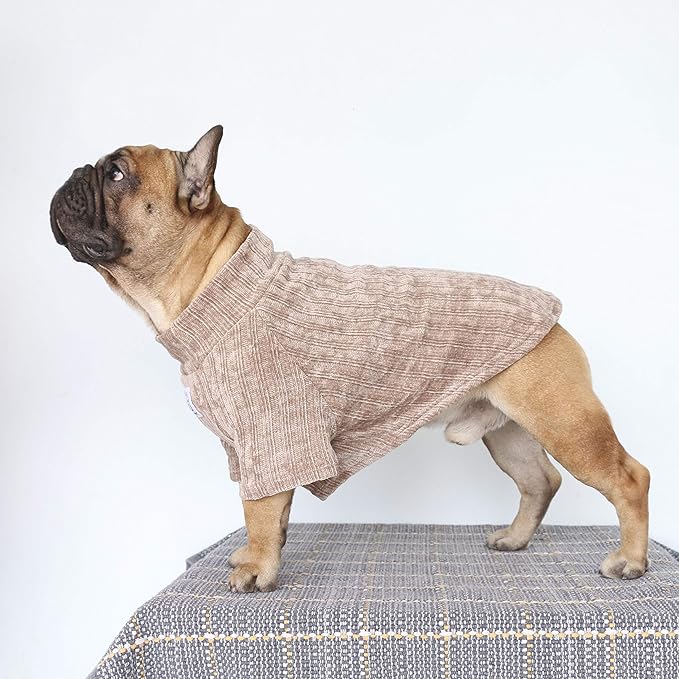 iChoue Pet Dog Winter Warm Sweater Clothes Turtleneck for English Bulldog Boston Terrier Corduroy Cold Weather Pullover Coat Shirt - Khaki/XLarge