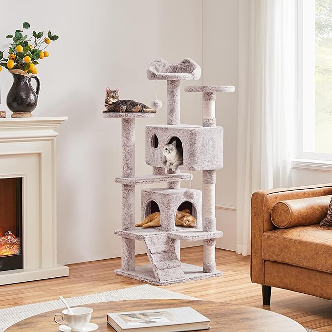 Topeakmart 54in Cat Tree, Cat Tower w/Large Cat Condo Scratching Posts and Perch, Cat Stand House Furniture, Brown/White