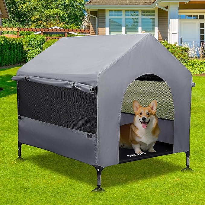 Summertrail 36" Large Dog House Outdoor Indoor with Breathable Mesh Windows-Elevated Dog Bed Cot Dog Tent Shade Shelter for Large Breeds with Canopy, Weatherproof Dog Kennel for Outside, Easy Clean