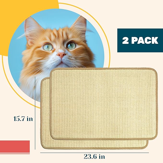 PatiencET Cat Scratching Mat, Natural Sisal Cat Scratcher Mat, Horizontal Cat Scratch Rug for Indoor Cats, Cat Wall Scratcher Furniture Protector for Couch, Carpet, Sofa (2 Pack, 23.6"X15.7")